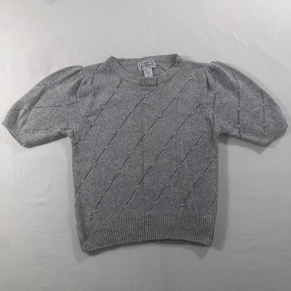 Vintage Junior Connection Mervyns Grey Short Sleeve Silk Knit Pearl Sweater Sz L